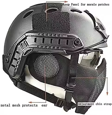 หมวกรุกกลยุทธ์รวมกันกับการป้องกันหูแบบพับได้ ครึ่งใบหน้า Mesh Mask และ Glass Set